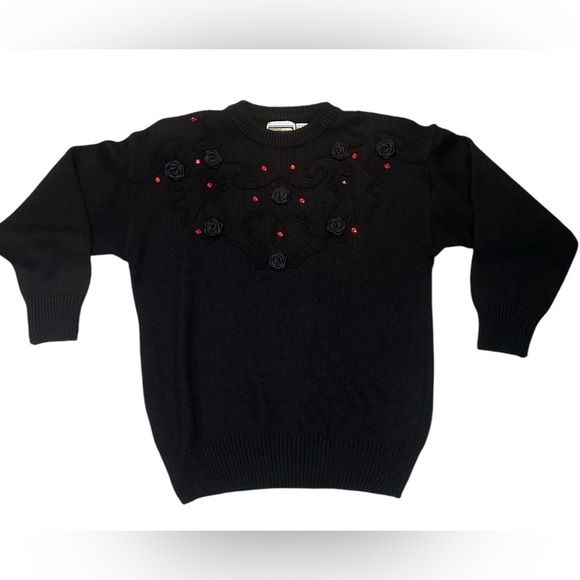Glitz Women’s M Black Vintage Embellished Sweater with Roses and Red Sequins - Picture 2 of 10